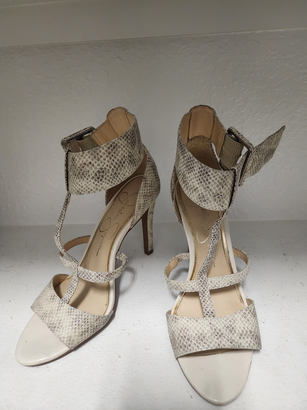 Jessica Simpson Neutral Snake-Print Strappy High Heels